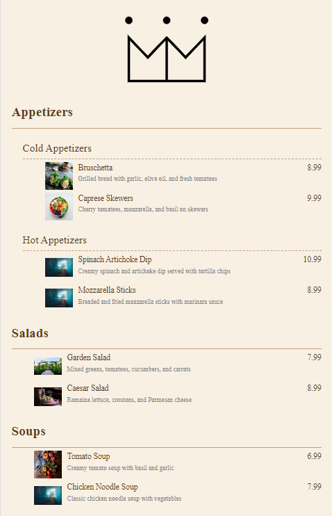 Picture of an example menu